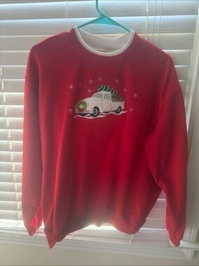 Red Christmas Crewneck Sweatshirt with Vintage Truck Graphic from Cracker Barrel
